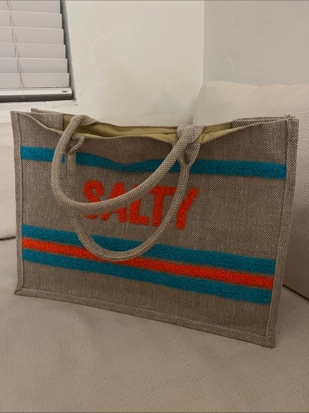Salty Canvas Tote Bag in Natural with Teal & Orange Stripe
